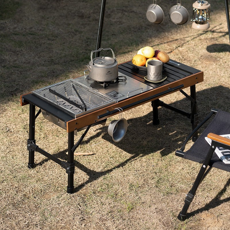 Mesa plegable combinada para exteriores, para camping, barbacoa, picnic, mesa de madera de haya